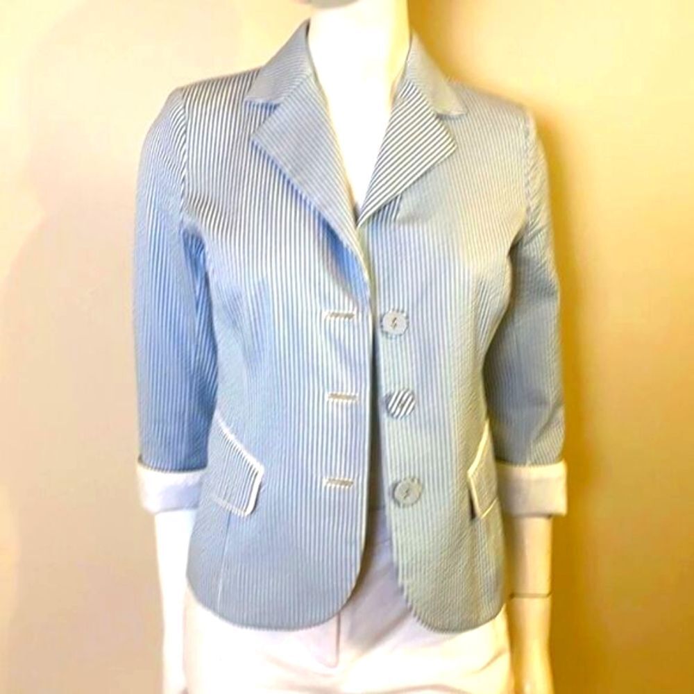 Pink Tartan Blue and White Seersucker Blazer  Jacket Size 2 EUC Summer c…
